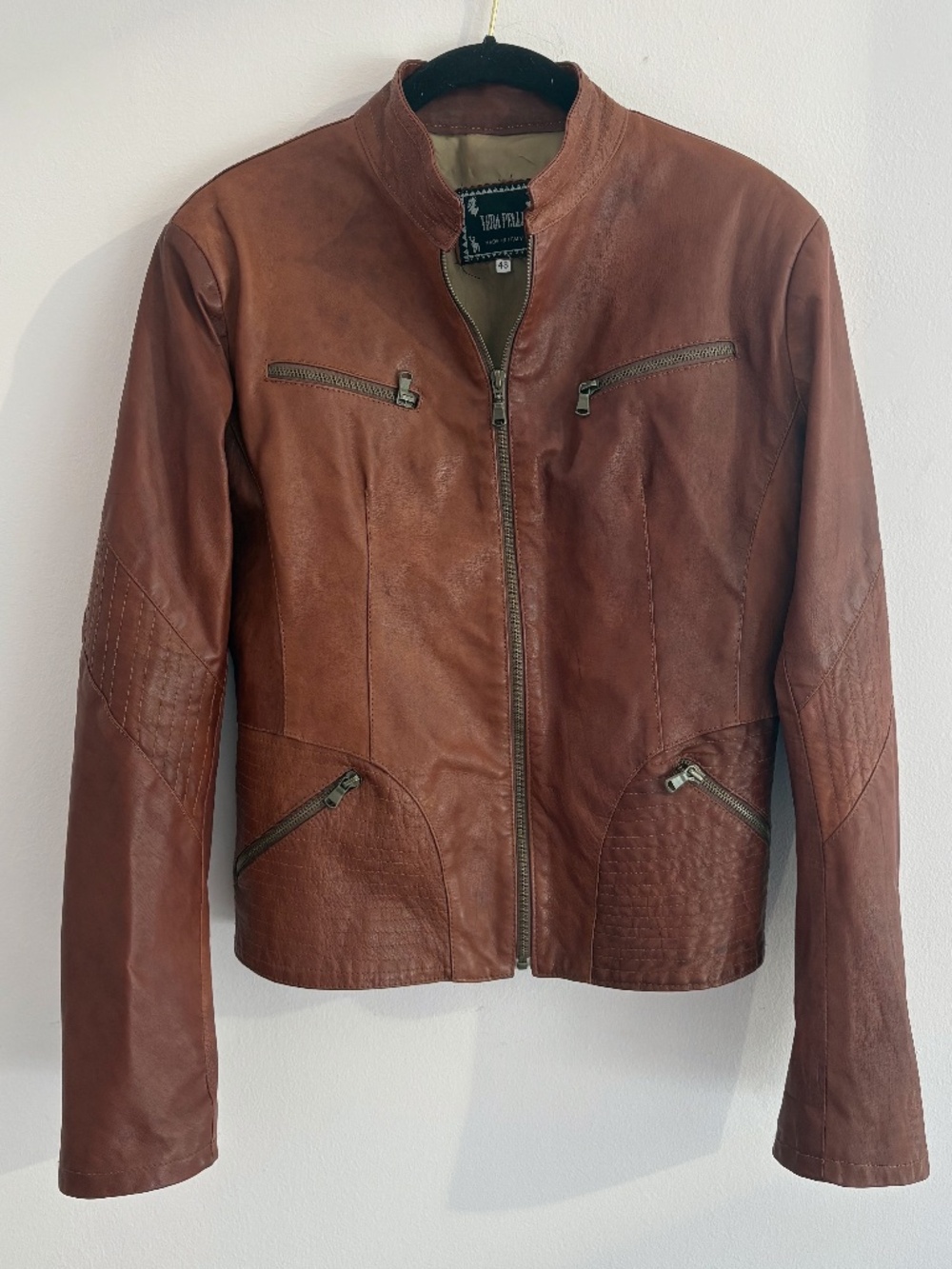 Italian VERA PELLE Brown Leather Moto Jacket Zip Front Medium